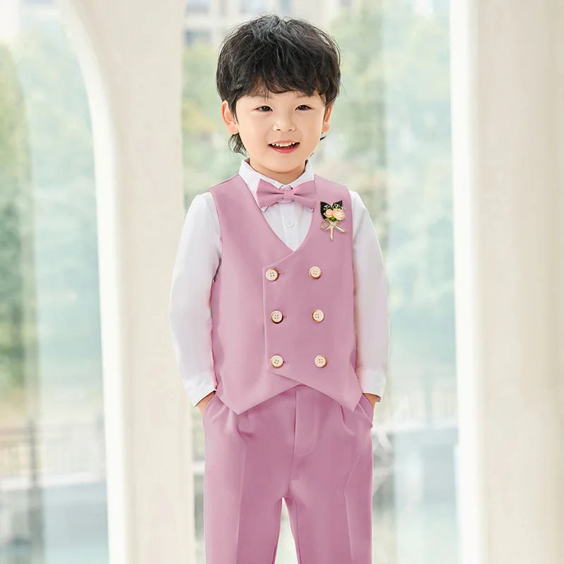 Children Pink Jacket Vest Pants Bowtie Flower 5PCS Photograph Suit Kids Birthday Party Dress Boys Wedding Brides Performance Set