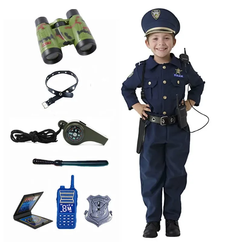 

Boys Police Costume Role Dress Up Police Uniform Hat Walkie-talkie Whistle Baton Badge Children's Toys Gifts