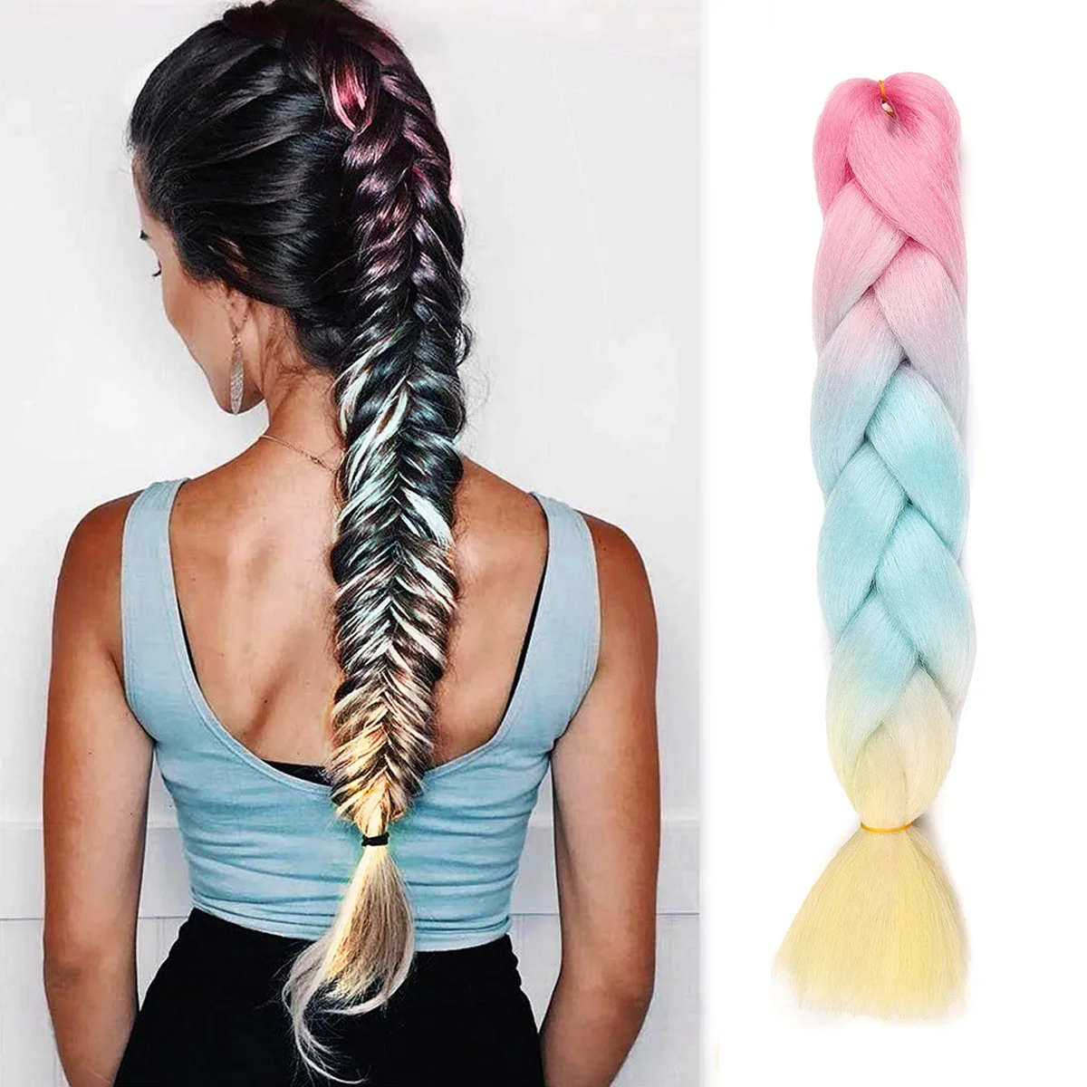 Jumbo Braiding Hair Ombre 3 Colors Mix Braiding Hair Kanekalon Synthetic Hair Rainbow Colors Extensions Pink Light Blue Yellow