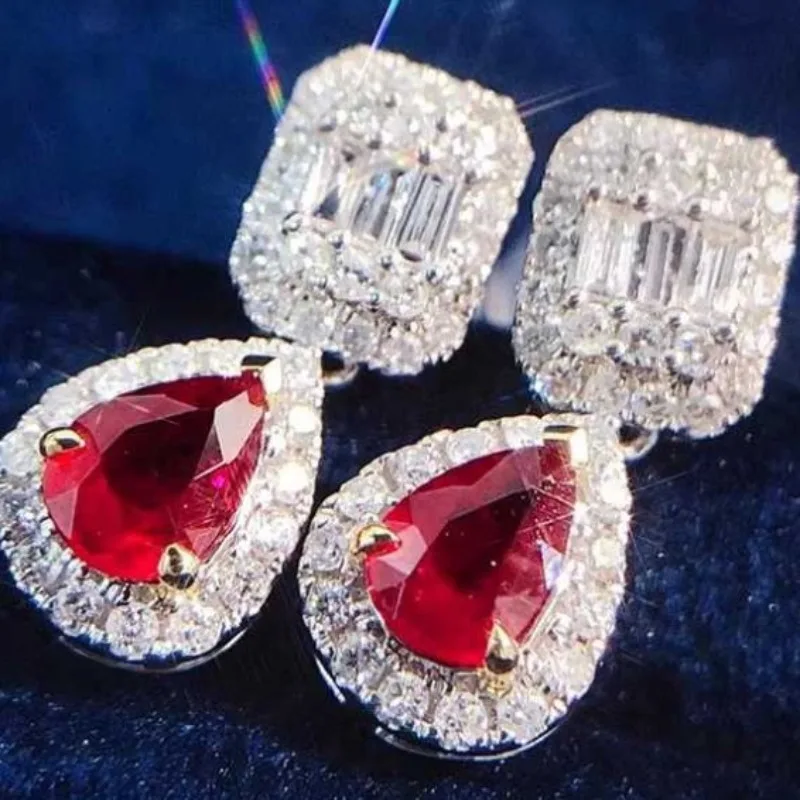 BKBK Two Tone Gold Silver Pear Cut Red Gem Halo Baguette Crystal Drop Women Earrings Wedding Earrings for Valentine Christmas Luxe Glam Bridal Jewelry for Brides Bridesmaids Adult Ladies Formal Gala Prom Occasion
