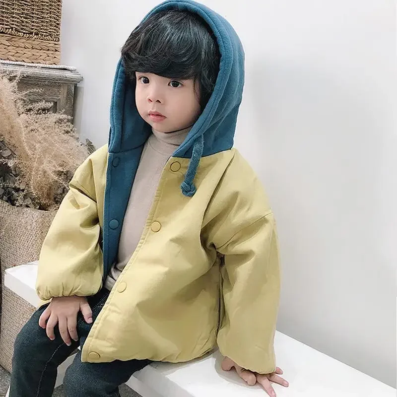 Boys\' Coat 2021 Autumn New Patchwork Color Hooded Children\'s Casual Simple Korean Autumn Winter Reversible Wear Top