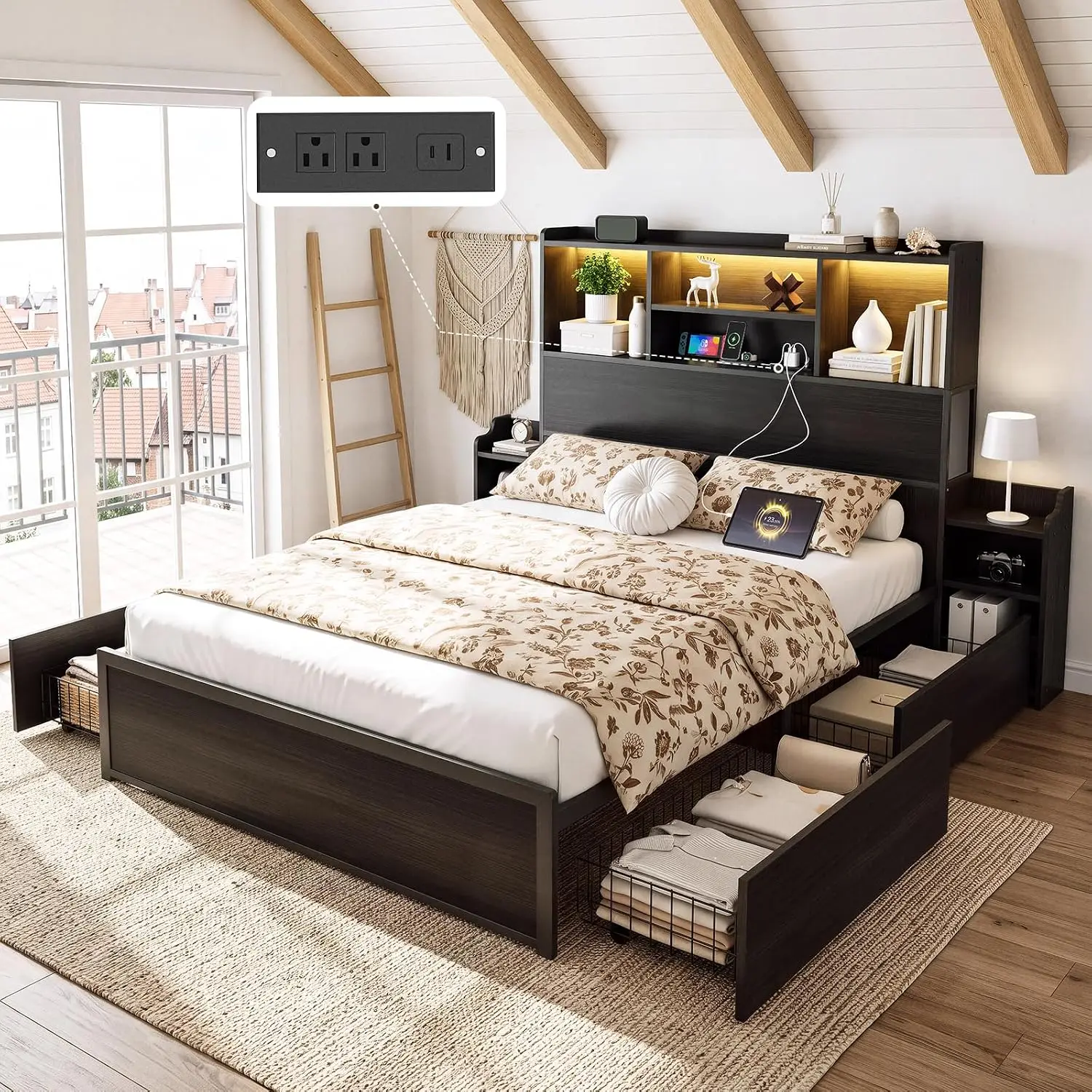Platform Queen Bed Frame with 4 Storage Drawers and Bookcase Headboard, LED Lights & Charging Station, Wood Bed, Customized