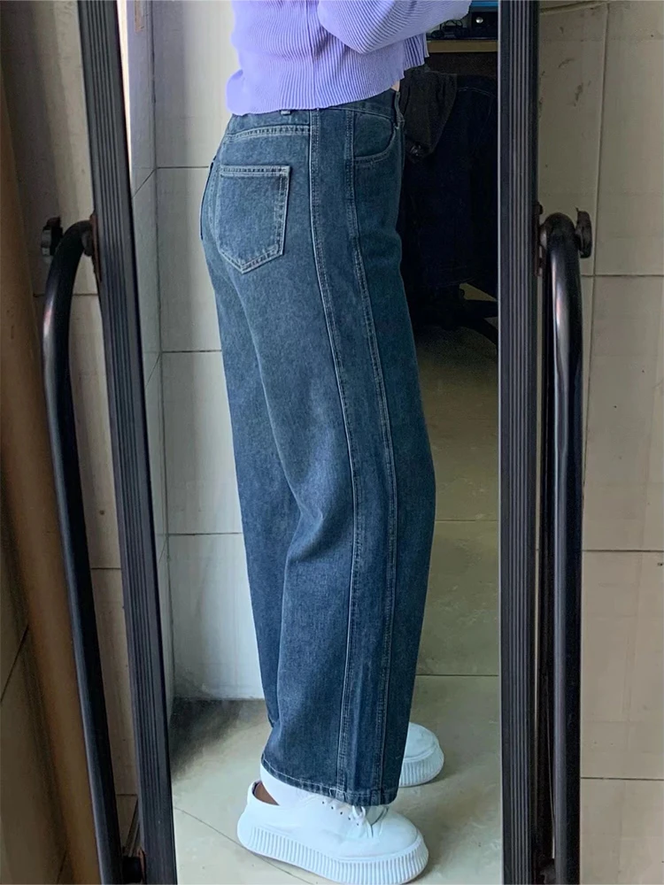 

Джинсы с высокой талией и прямыми штанинами в винтажном стиле, больших размеров, женские, с эластичным поясом, длиной в пол, утягивающие, повседневные, из смесового хлопка