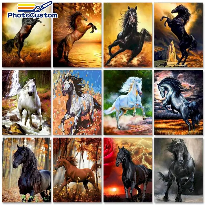 

PhotoCustom 60x75cm Paint By Numbers Animals DIY Oil Painting By Numbers On Canvas Frameless Horse Number Painting Home Decor