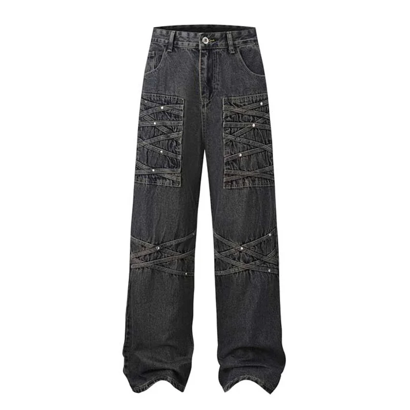 

Punk Style Rivet Hip Hop Jeans Pants Washed Straight Streetwear Denim Trousers For Male Patchwork