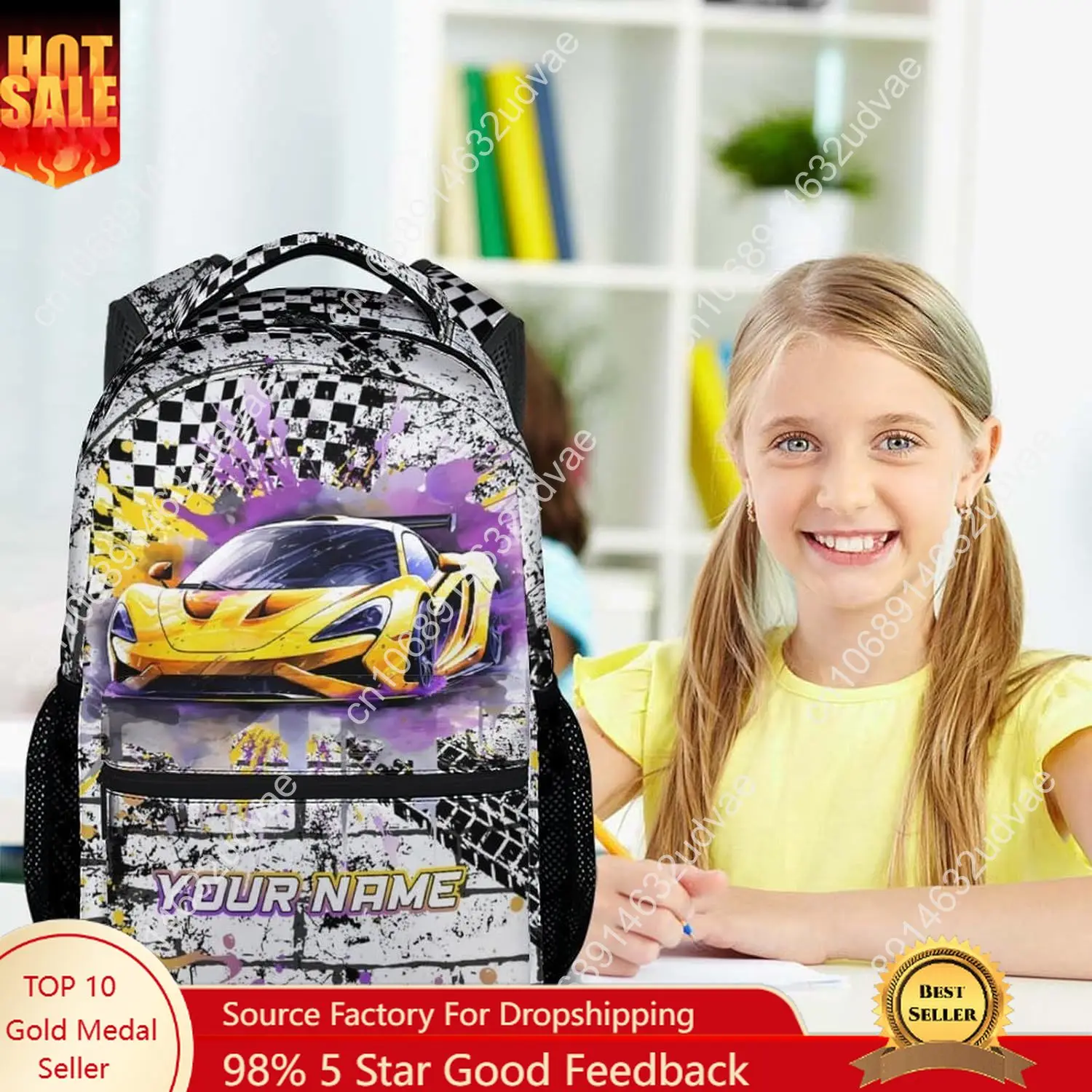 

Personalized Backpack for Kids, 17 Inch Cool Car Backpacks for Boys, Yellow Lightweight Travel Bookbag for Middle School & High