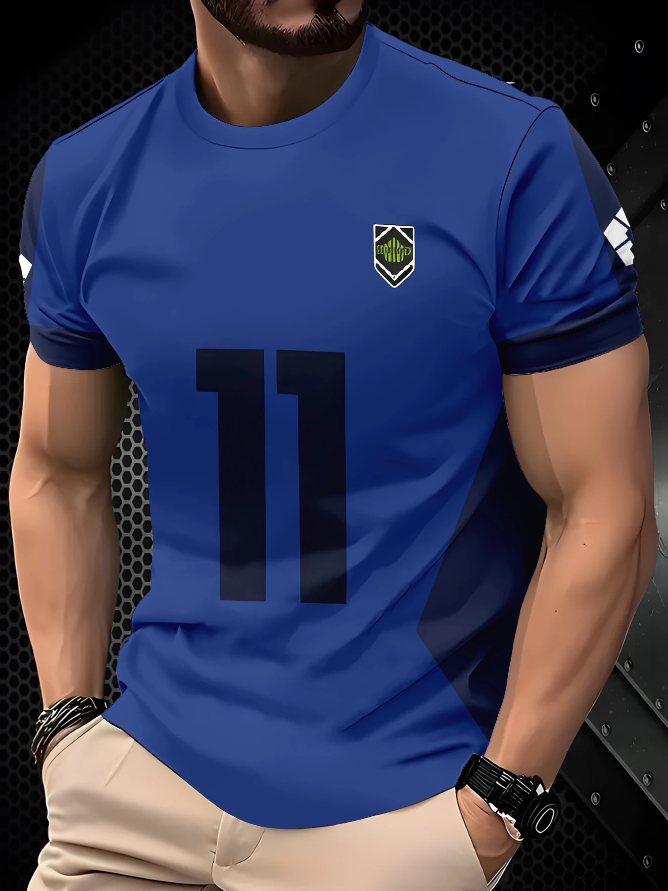 Geometric Panel Sports Jersey Style Digit Print Men Casual Short Sleeve Tee