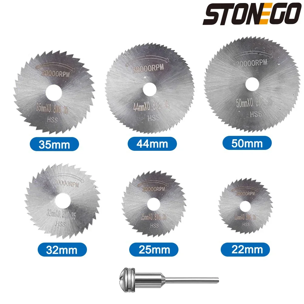 

STONEGO 7Pcs/Set Mini High Speed Steel Circular Saw Blades Set 22mm-50mm with 3.175mm/6.0mm Shank Mandrel for Rotary Tool