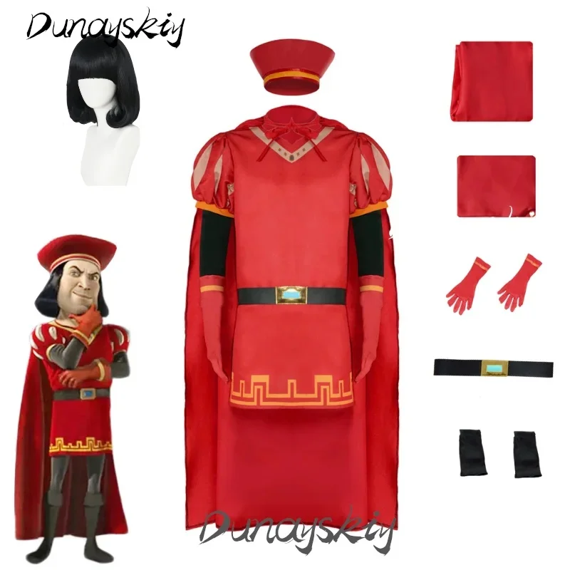 20262026 122026 11Lord Farquaad Cosplay Costume Set Wig Hat Medieval Knight Clothes Red Cape Cloak Black Hair Roleplay Costumize