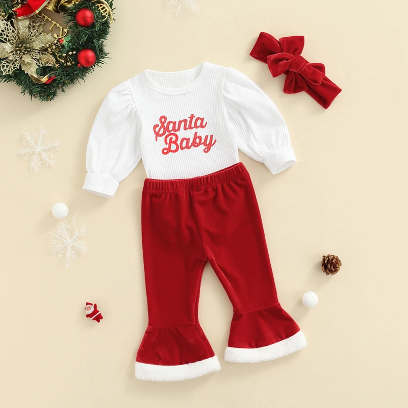 Newborn Baby Girl Christmas Outfit with Puffy Long Sleeve Romper Velvet Bell Bottoms and Matching Headband Set -