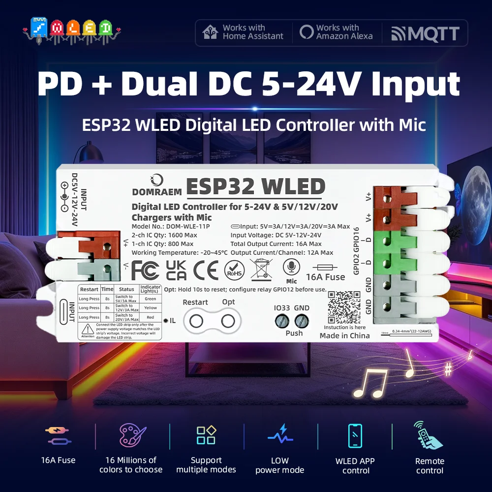 DOMRAEM ESP32 2CH WLED Addressable LED Controller with Built-in Microphone Supports PD 5V/12V/20V & DC 5-24V Wide Input 16A Fuse