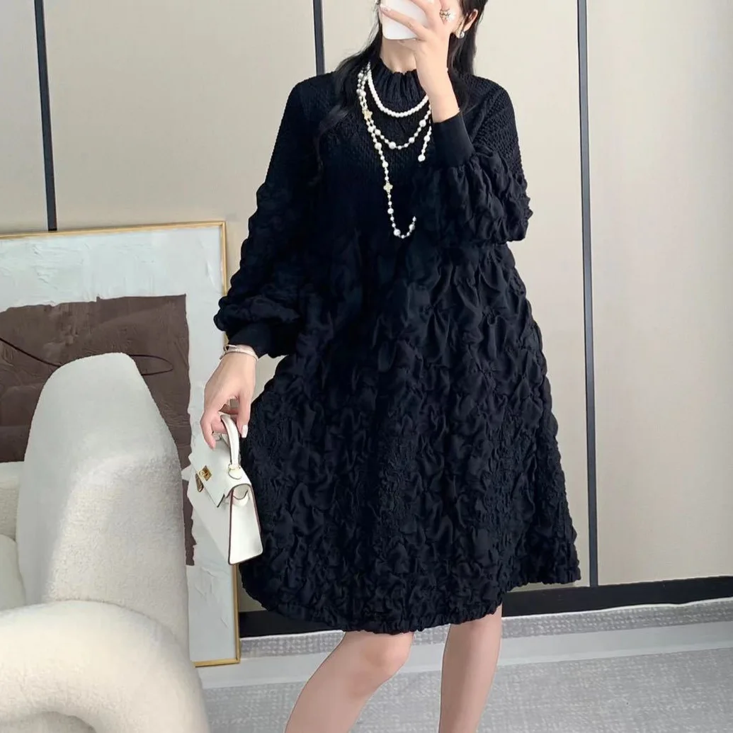 

Pleats Pleated Dress Solid Casual Bubble Dress Spring New Women's Dresses Commuter Thin Stand-up Collar Dresses Women Clothing