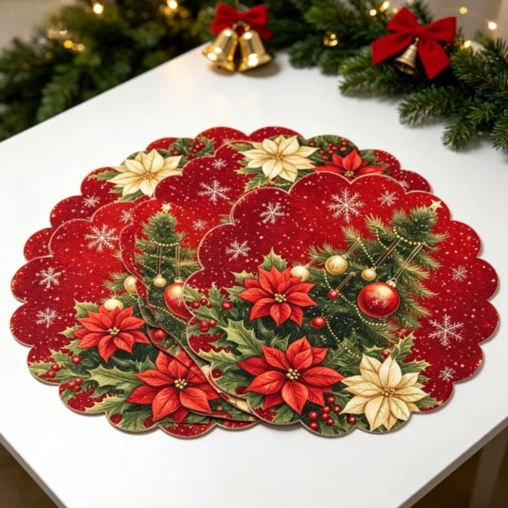 4Pcs Christmas Round Placemats Scalloped Edge Poinsettia Snowflake Xmas Ball Print Table Mats Heat Resistant Dining Table Decor