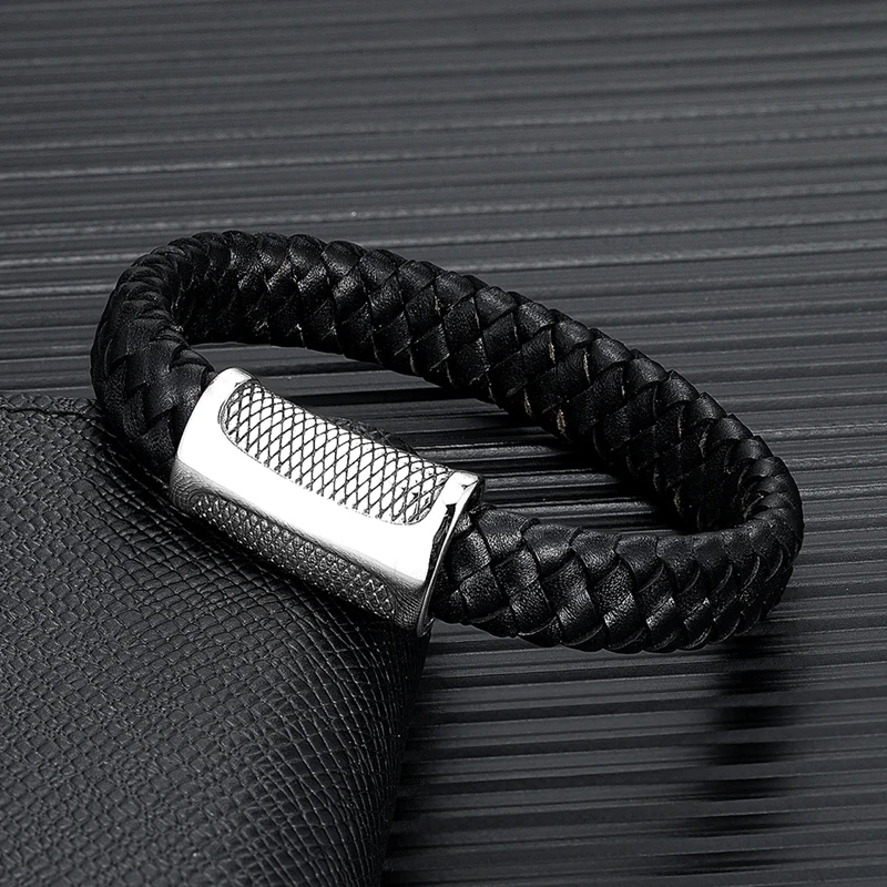 MKENDN Punk Style Men Retro Woven Genuine Leather Bracelet For Women Vintage Stainless Steel Dragon Scale Magnet Clasp