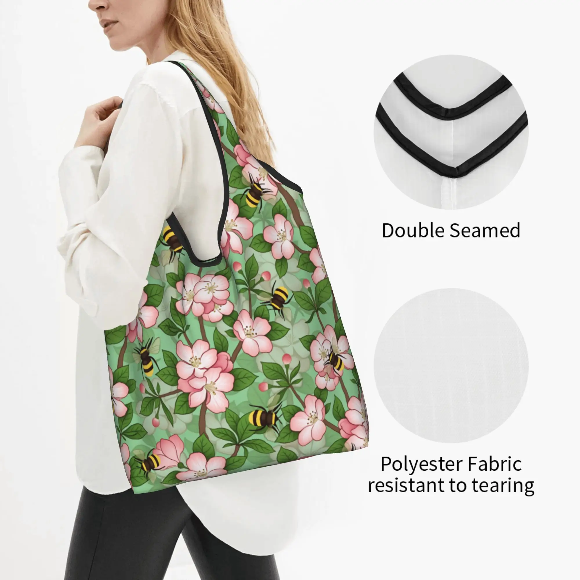 Fashion Print APPLE TREES IN BLOOM Japane Flowers  Tote Shopping Bag Portable Shoulder Shopper Cherry Blossom  Handbag