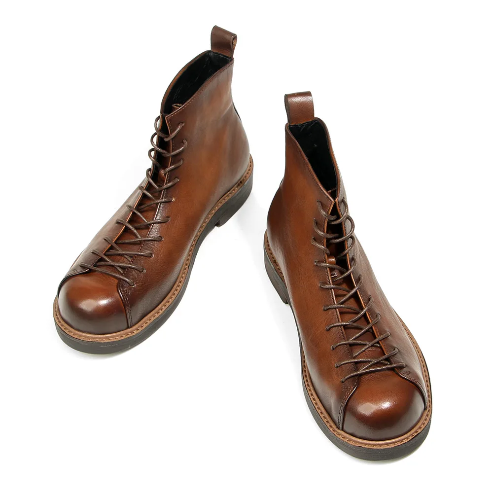 Genuine Leather Round Toe Casual Ankle Boots Dress Work Motorcycle Boots Men Cowboy Combat Boots High Top Shoes - view 4