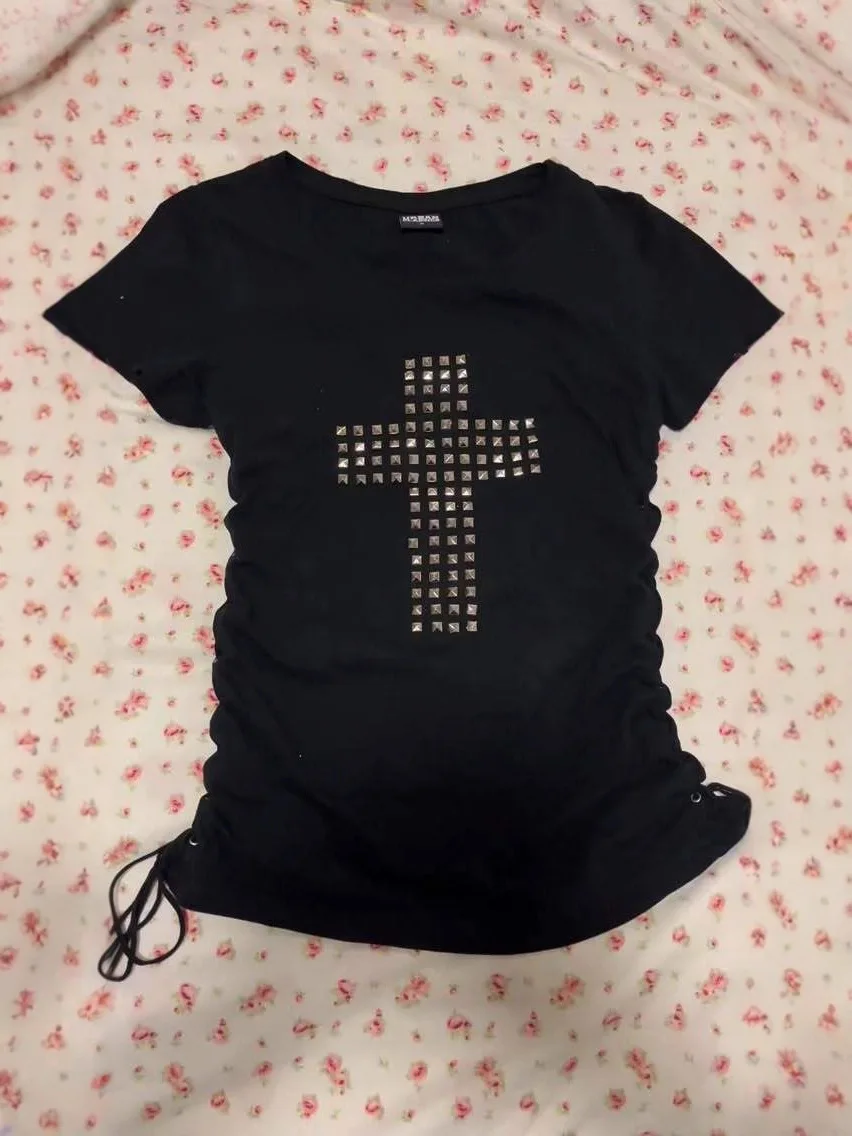 Asian Culture Cross Rhinestone T-shirt Summer New All-Match Stitching Comfort and Casual Dark Style Vest for Women Y2K style