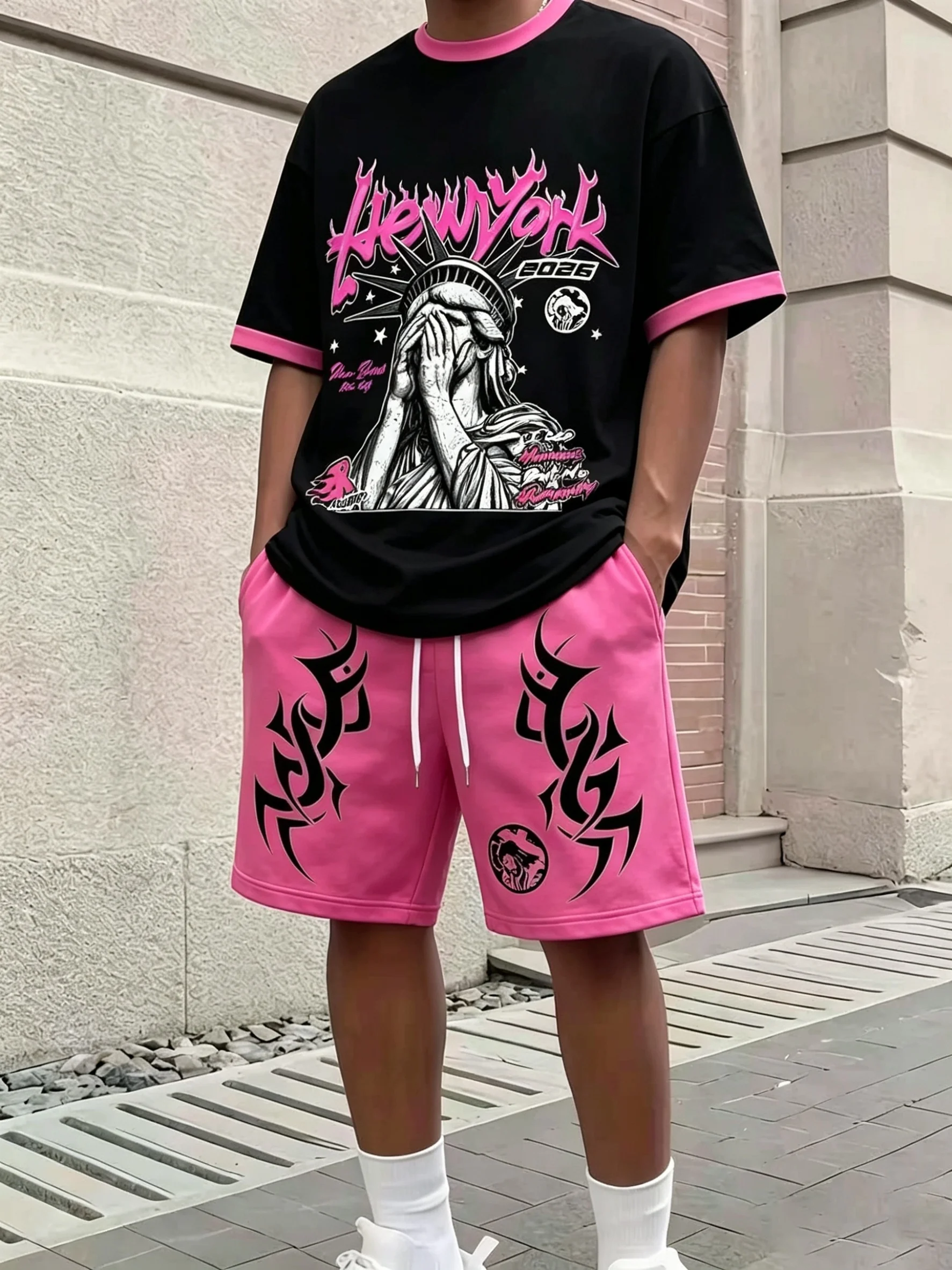 Conjunto Deportivo de Dos Piezas para Hombre, Estilo Vintage con Estampado de Letras, Camiseta con Cuello en Contraste, Pantalones Cortos con Cintura Elástica y Estampado Tribal, Ropa Deportiva Casual para la Calle