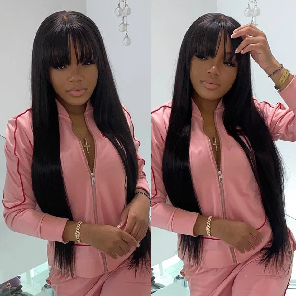 Wiggogo 3X1 Middle Part Lace Wig Bone Straight Human Hair Wig With Bangs Full Machine Made Straight Human Hair Wigs For Women