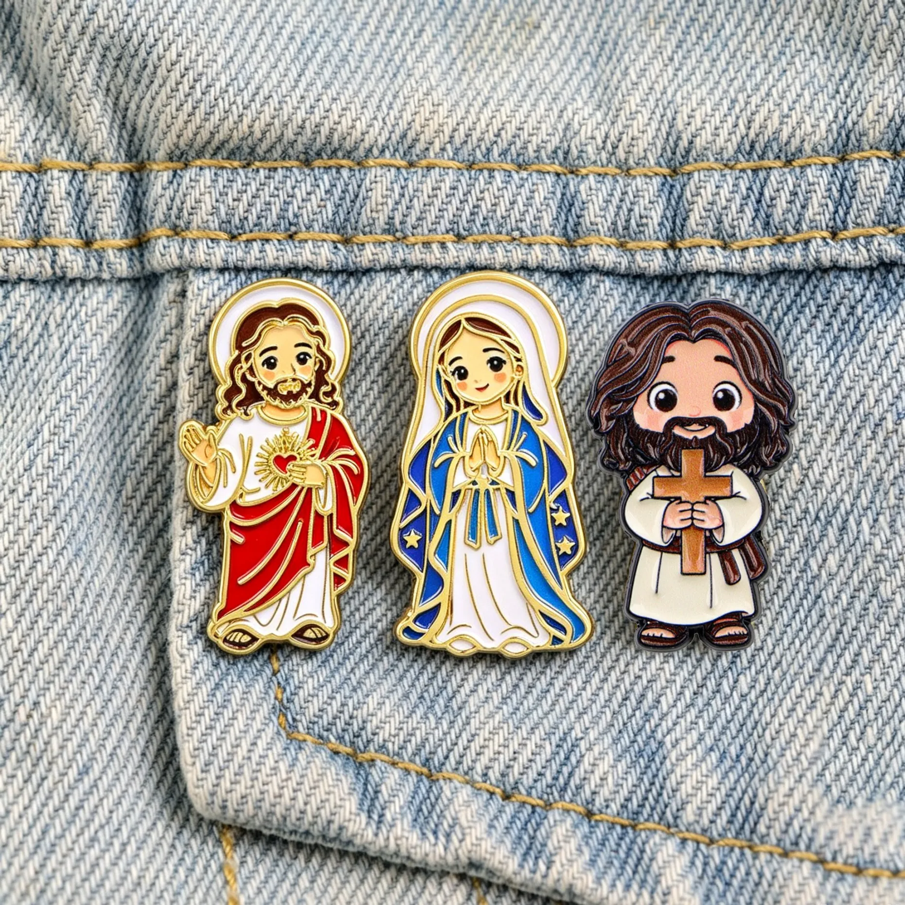 Cute Jesus Virgin Mary Enamel Pins Cartoon Religious Brooches Christian Cross Badges Jacket Backpack Decor Faith Gift