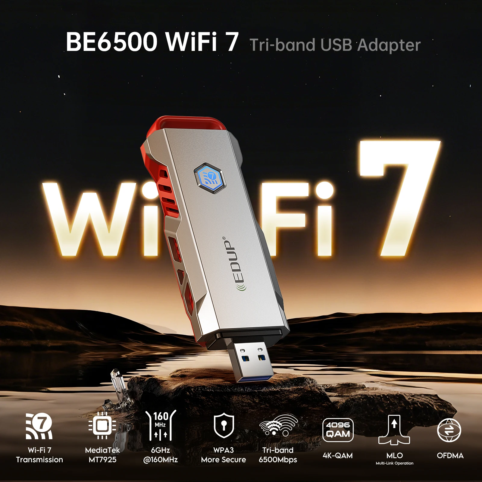 BE1679 WiFi 7 USB Adapter BE6500 Tri-Band 2.4G/5G/6GHz 6500Mbps Wireless Network Card MLO 4K-QAM 160MHz for Windows11