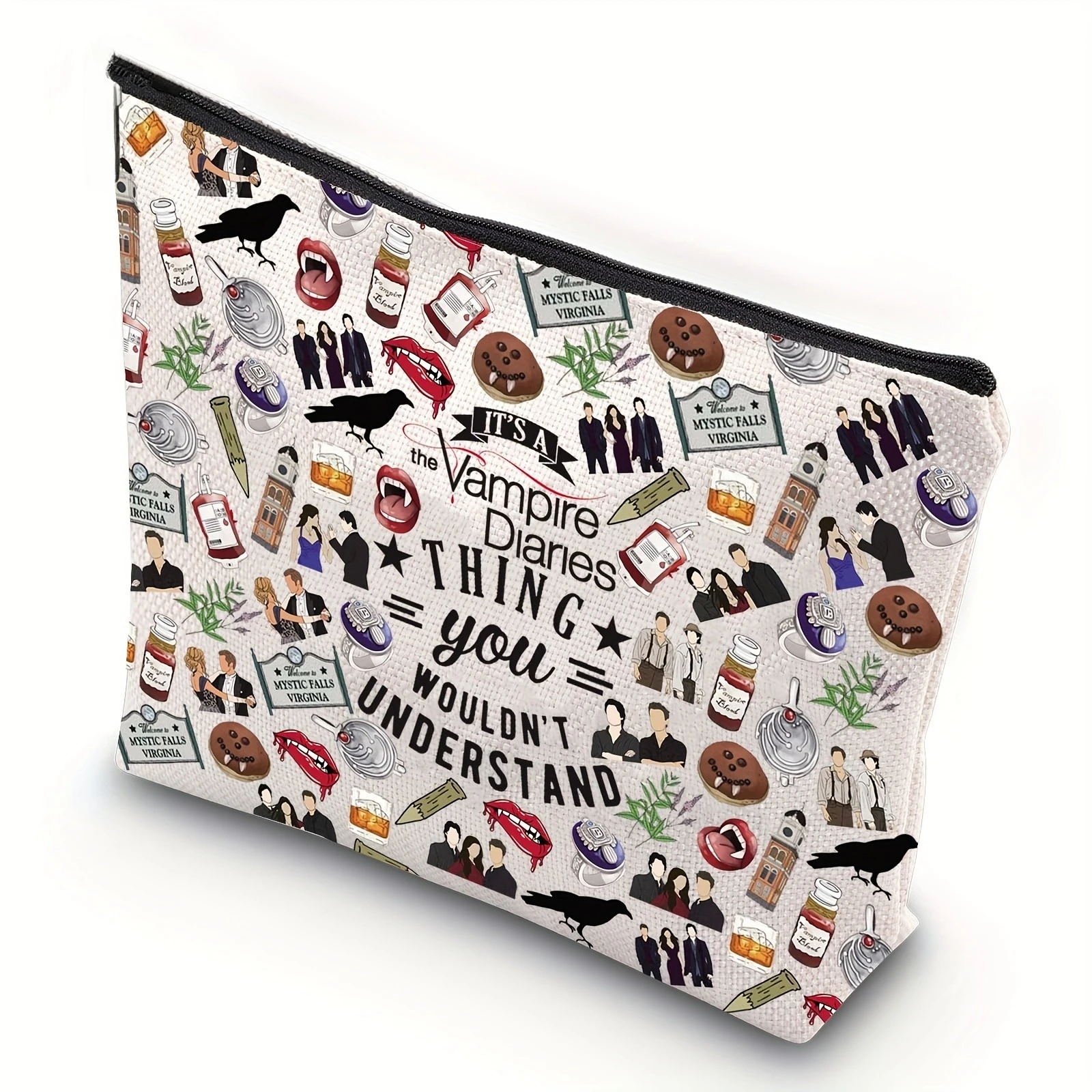 Bolsa de maquillaje con logotipo oficial inspirado en el programa de televisión The Vampire Diaries y símbolos icónicos, regalo coleccionable para niñas y mujeres, 1 ud.