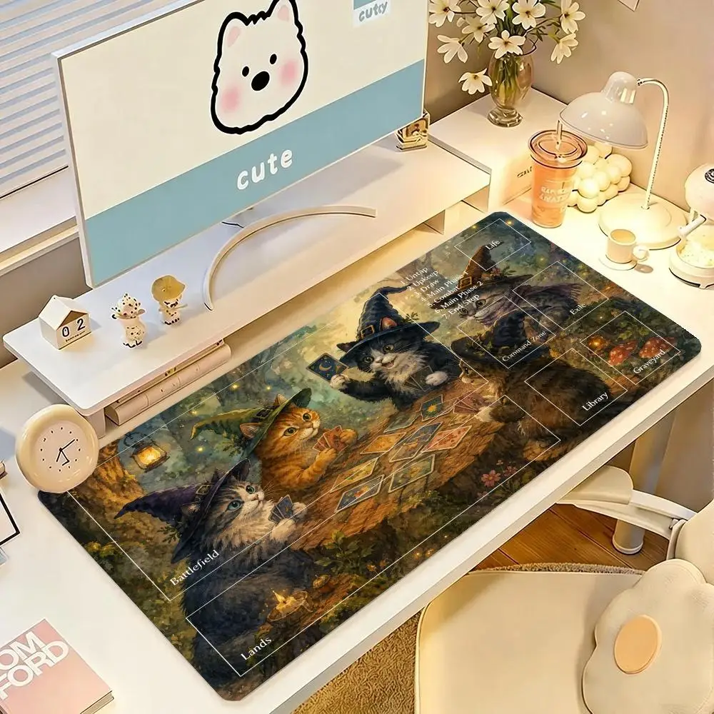 Vintage Fantasy Magical Wizard Kitten Design Large Table Playmat Mousepad For Daily Office Gaming Workspace