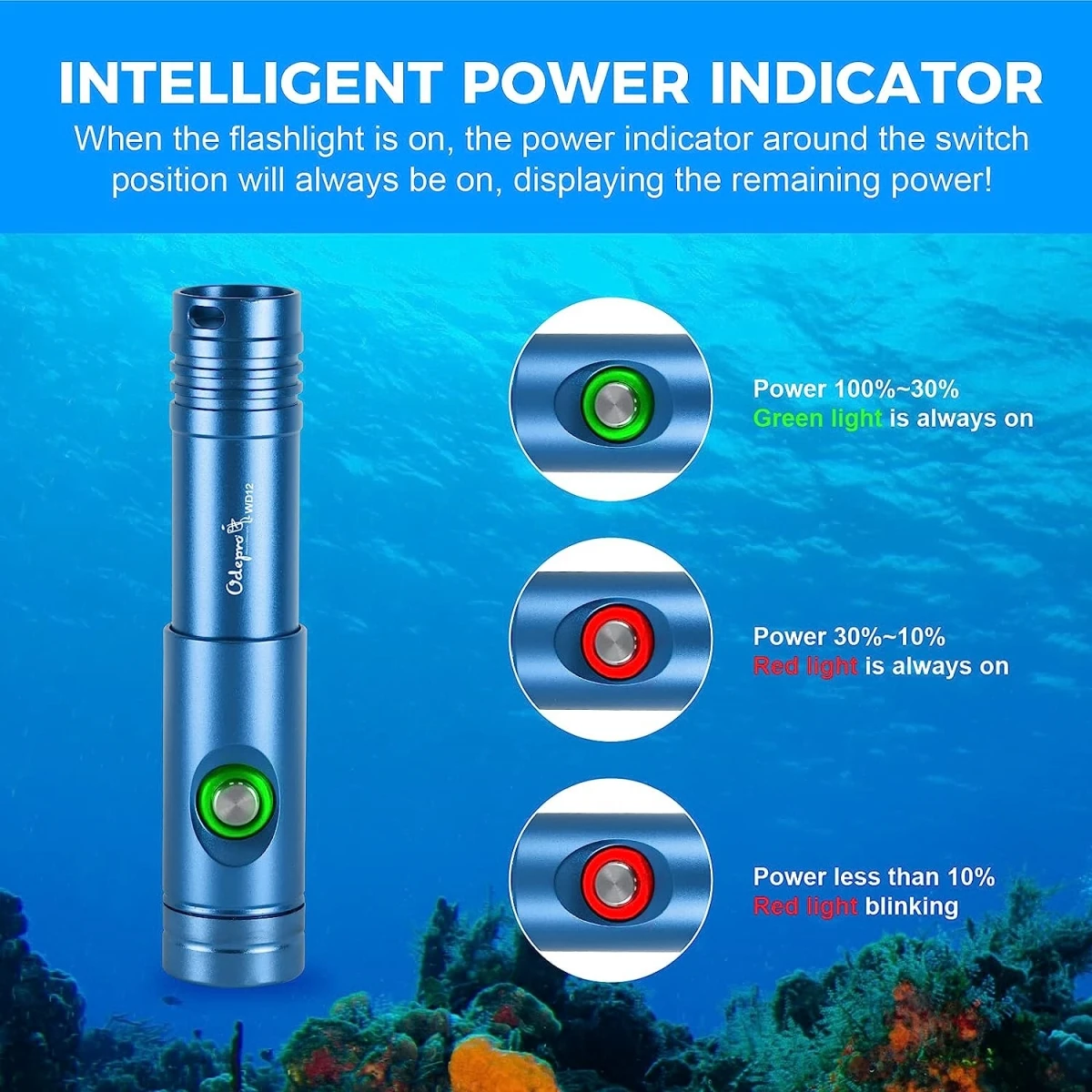 Odepro WD12 Diving Flashlight Professional Powerful Scuba Dive Light IP68 Waterproof Underwater Lantern Submersible Torch Light