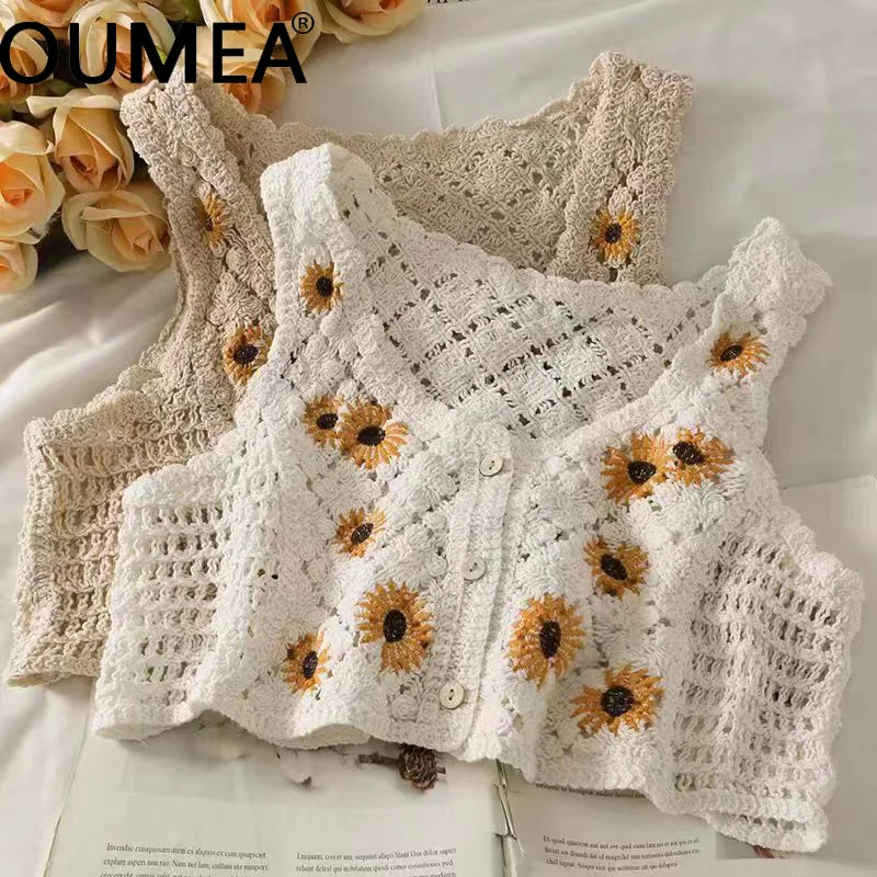 OUMEA Women Sweet Cotton Cardigan Summer Floral Embroidery Sleeveless Buttons Front Crop Tops Beach Sweet Crochet French Style