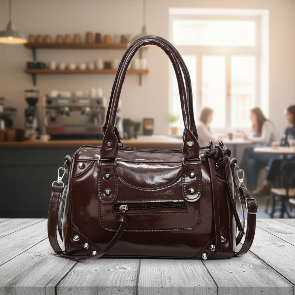 Top Handle Patent Bag - 빈티지 리벳 장식 패턴트 가죽 지퍼