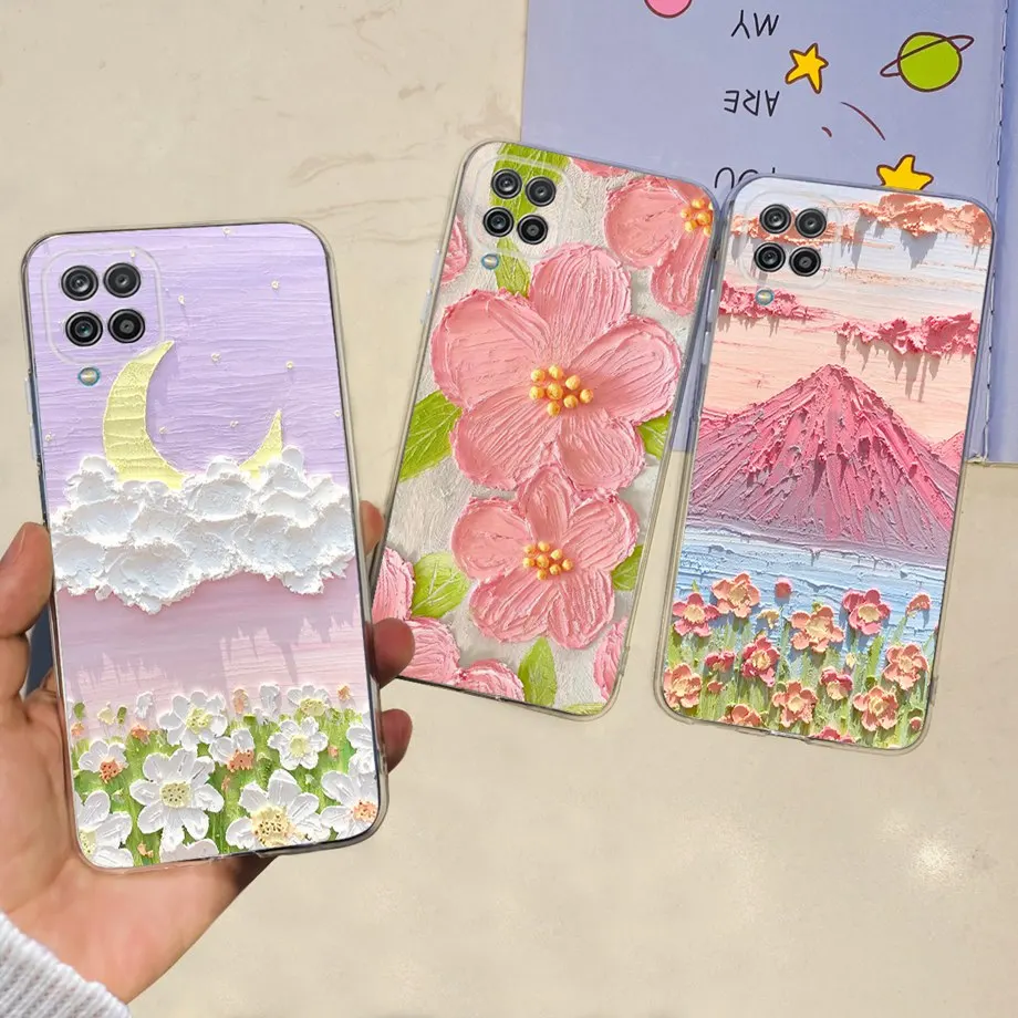 For Galaxy A12 A125F Samsung Cover Capa Case Bling Heart Butterlfly Flower Painting Fundas  For Samsung A12 SM-A125F Clear Cases