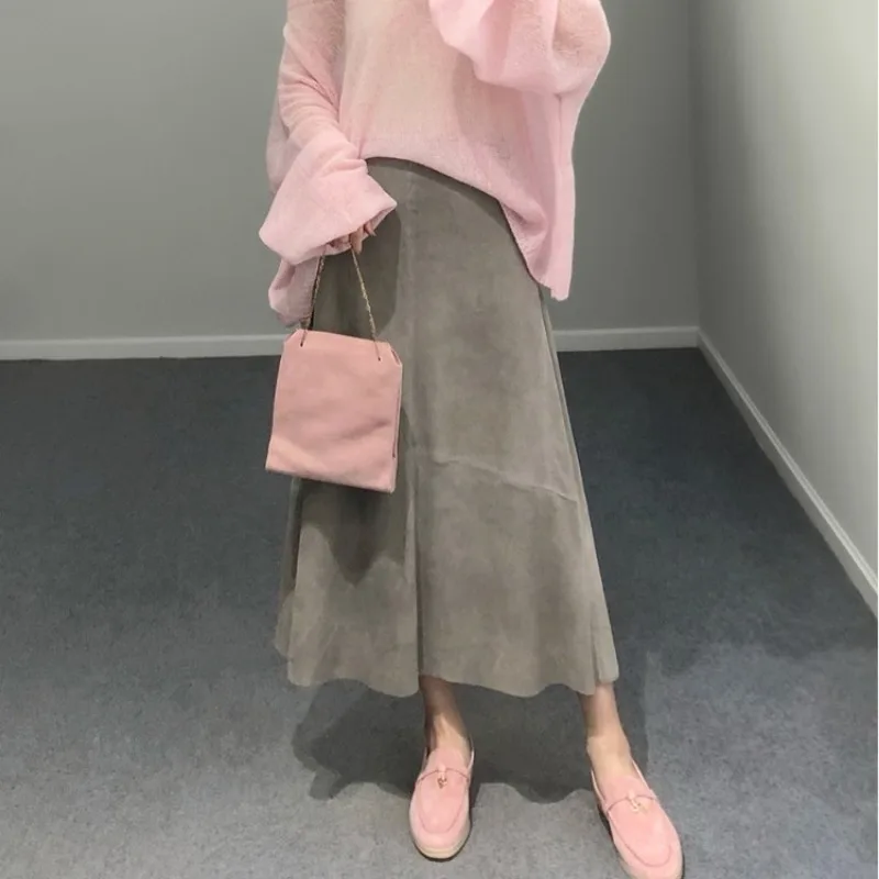 Leather skirt fashion autumn and winter new high-waisted sheepskin suede knee-length skirt umbrella skirt