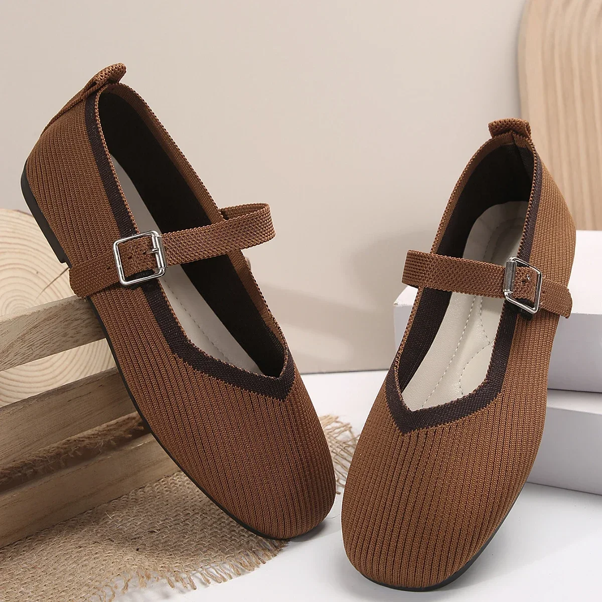 2024 Women\'s Shoes Loafers Ballet Flats Square Toe Barefoot Buckle Strap Casual Low Heel Luxury Brand Woman Shoe New Brown Blue