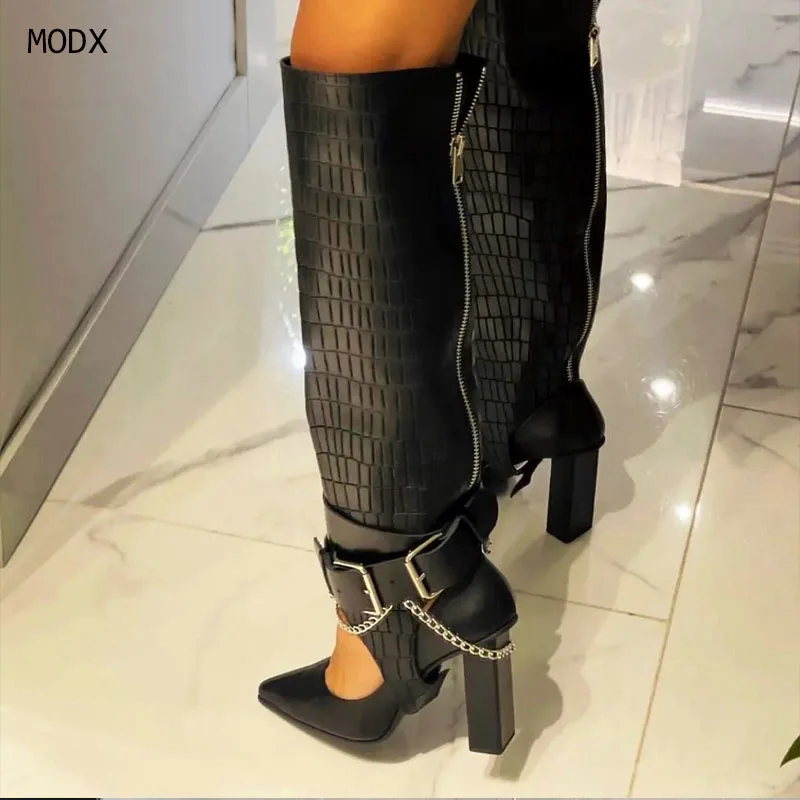 

Женские сапоги до колена с заклепками и острым носком в стиле ретро, модные рыцарские сапоги на высоком каблуке с пряжкой в стиле панк, длинные женские сапоги