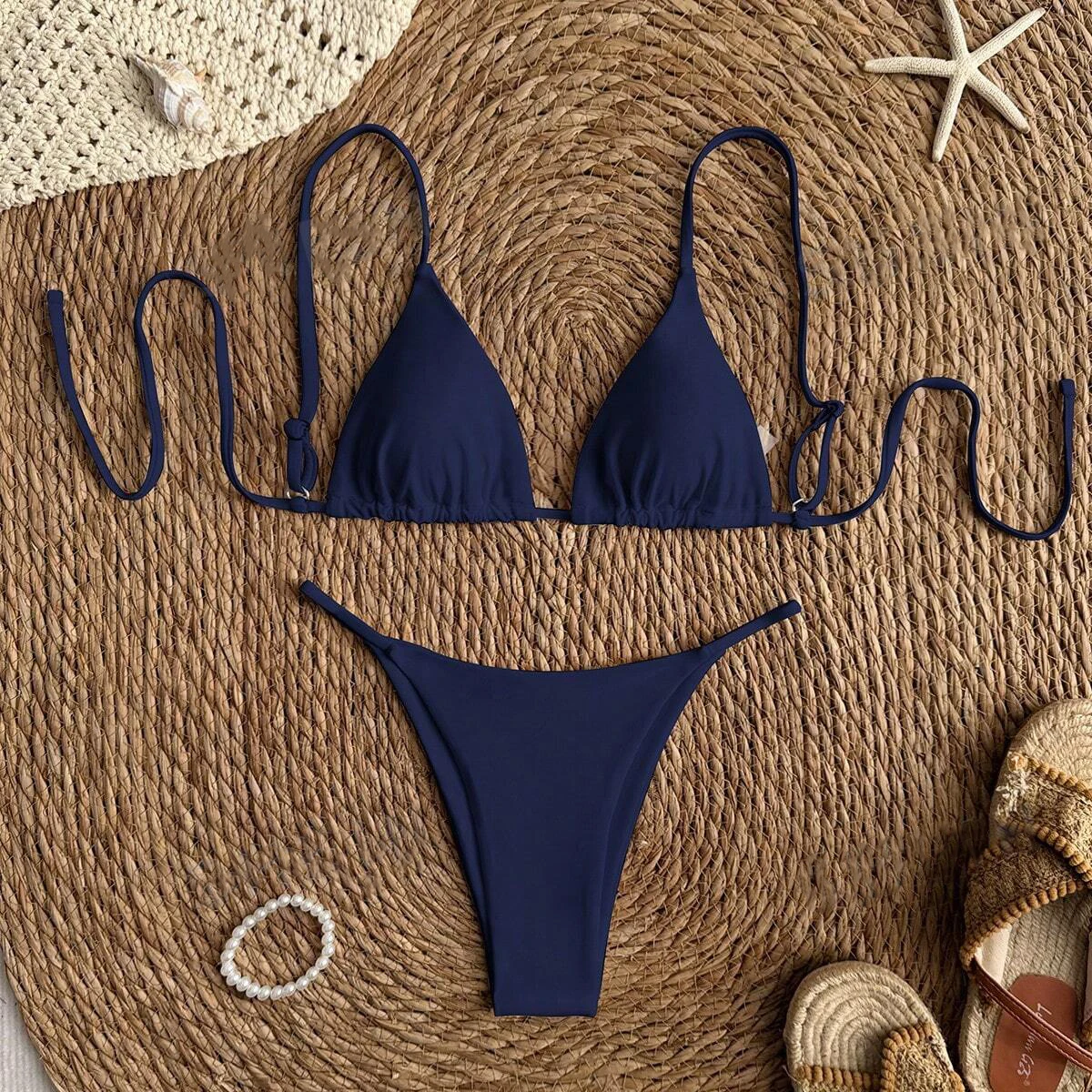 Women Solid Navy Triangle Bikini Set Adjustable Spaghetti Strap Cheeky Thong Bottom Minimalist Beach Swimsuit