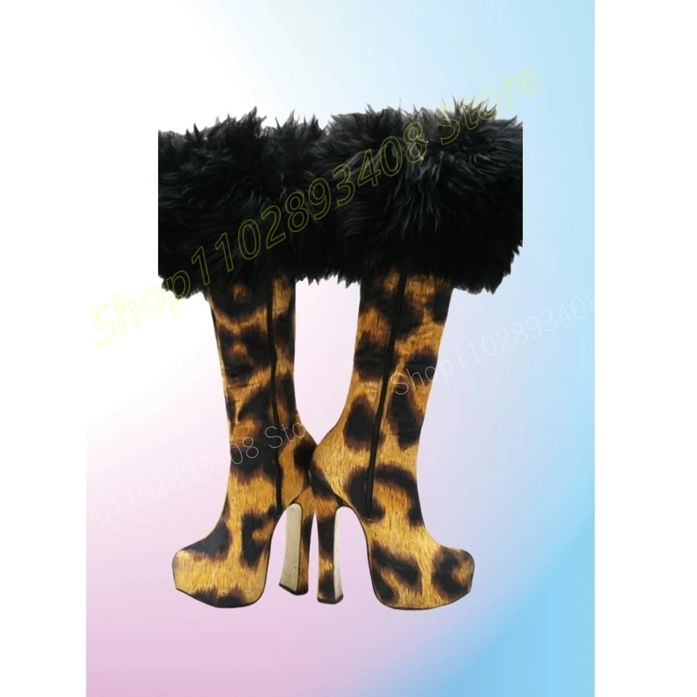 Leopard Print Suede Fur Decor Mid Calf Boots Platform Chunky High Heel Fashion Sexy Women Shoes 2024 Autumn Zapatos Para Mujere