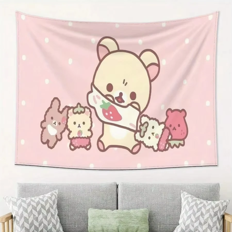 Kawaii Bären-Wandteppich - Rosa Gepunkteter Niedlicher Tier-2D-Druck Wandbehang für Schlafzimmer-Dekoration Geschenk
