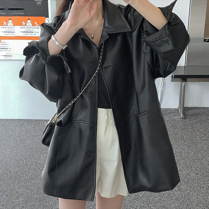 Korean Pu Leather Soft Black Jackets Long Sleeve Waterproof Coats Streetwear Retro Oversized Turn Down Collar Suits For Women