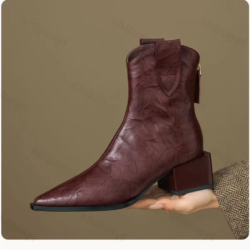 Women Western Cowgirl Boots 2025 Pointed Toe Fashion Slip on Chelsea Booties Retro Style Autumn Female Thick Heel Shoes Heel 5CM