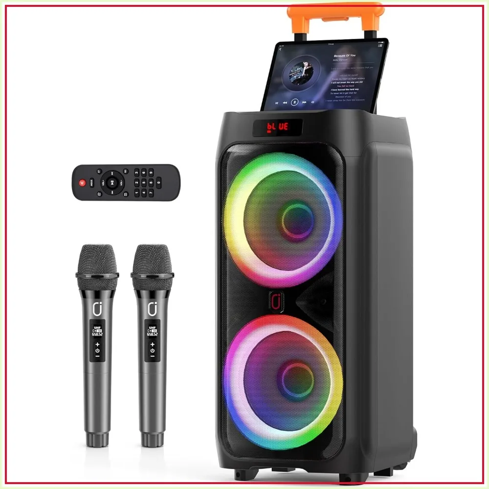 Karaoke Machine with 2 Wireless Mics, 24" Portable Bluetooth Speaker, RGB Lights, 500W, TWS/USB/AUX, for Party & Outdoors