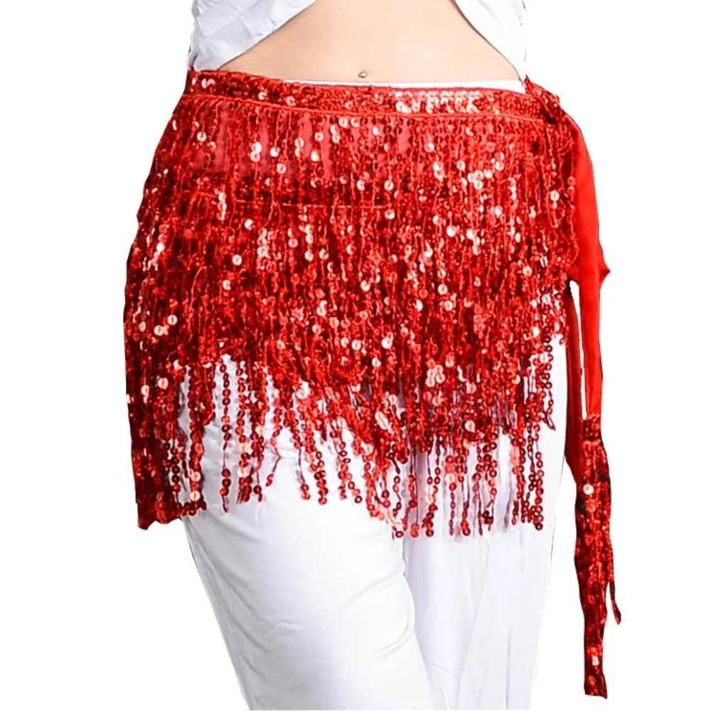 Shiny 4-Layer Latin Dance Hula Short Skirt Sequins Chiffon Belly Dance Waist Chain Multicolor Dress Tassel Hip Scarf Party