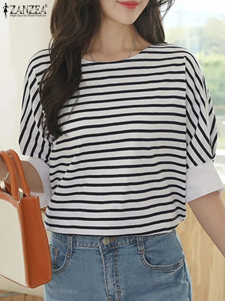 ZANZEA Fashion Holiday T-Shirts Summer Women Tops Elegant OL Work Blouse Half Sleeve Patchwork Blusas Casual Striped Tees Femme