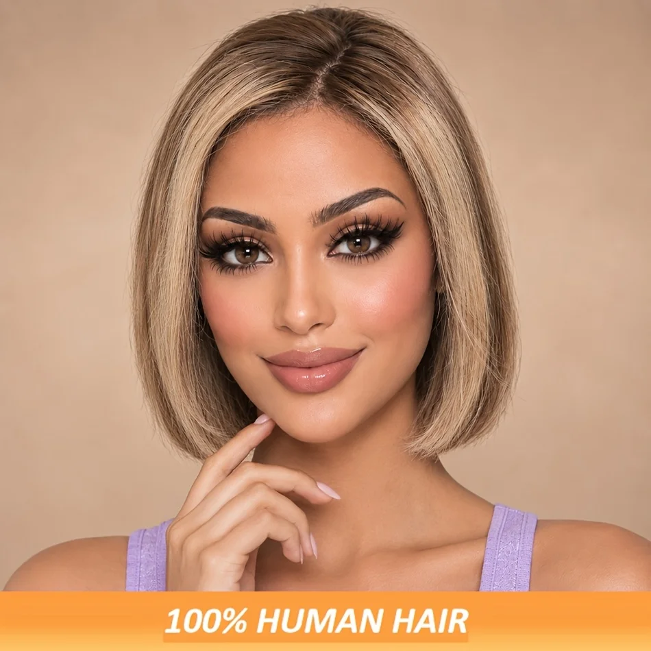 Short Bob Human Hair Wig Straight Bob 4x4 Lace Front Human Hair Wig For Women Transparent Lace Chocolate Brown Balayage Pre Plucked Natural Hairline Straight Wig 8 Inch 200% Density Brazilian Remy Human Hair