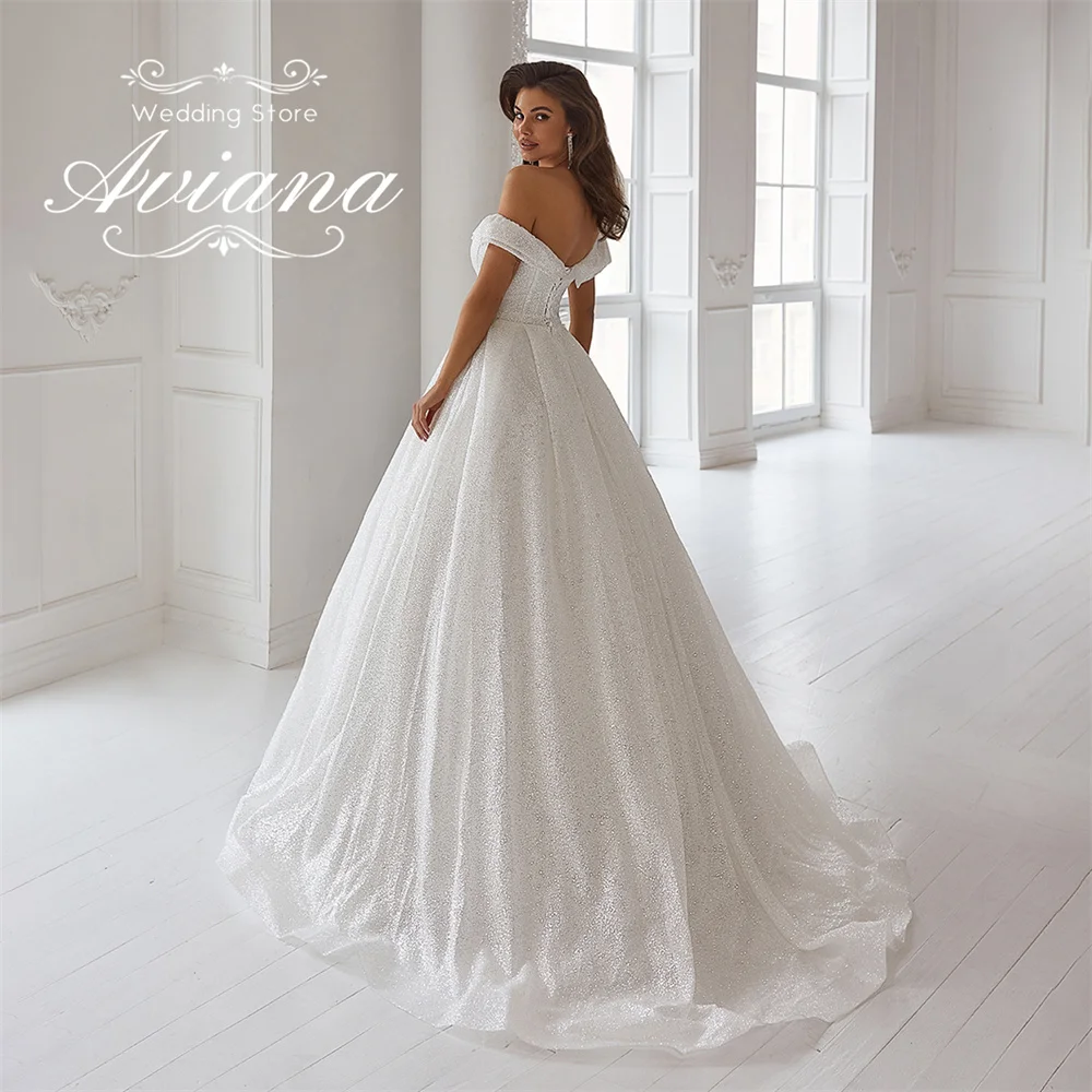 Aviana مخصص الخامس الرقبة قبالة الكتف قصيرة الأكمام عارية الذراعين الدانتيل يصل قطار الاجتياح طول الأرض اللؤلؤ الديكور بريق جديد