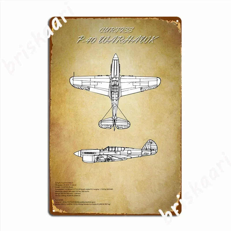 Curtiss P40 Warhawk Blueprint Metal Plaque Poster Retro Club Bar Wall Cave Plaques Tin Sign Poster