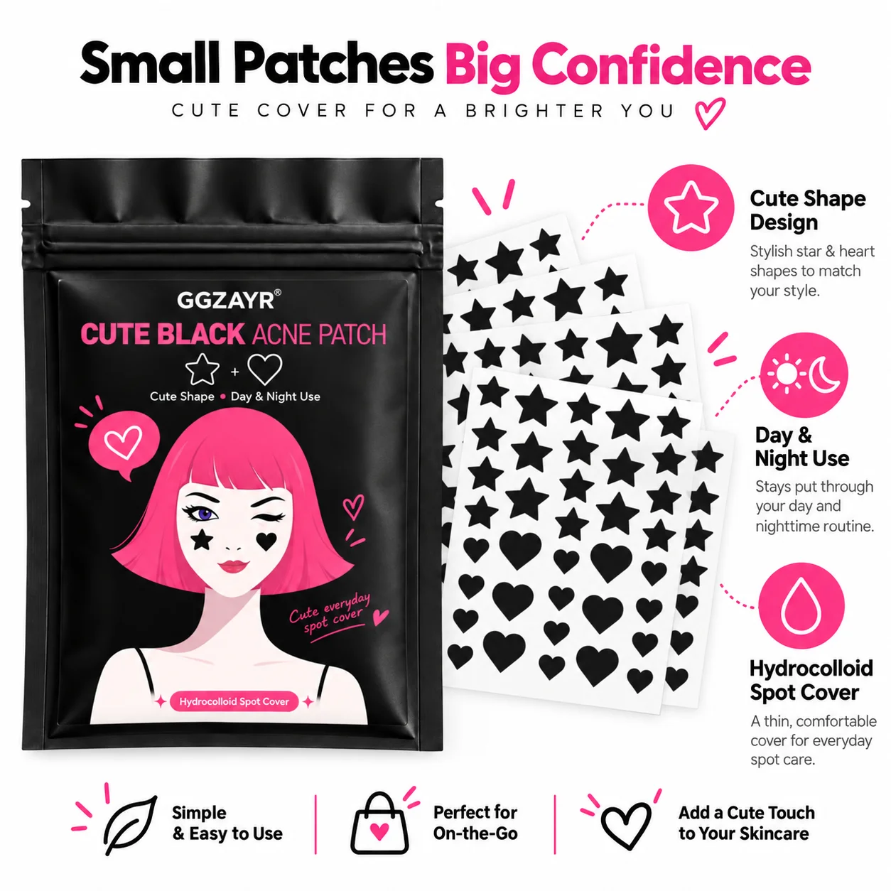 108pcs Black Star Heart Hydrocolloid Pimple Patches, Cute Acne Stickers Invisible Spot Cover Face Care Accessories for Teens an