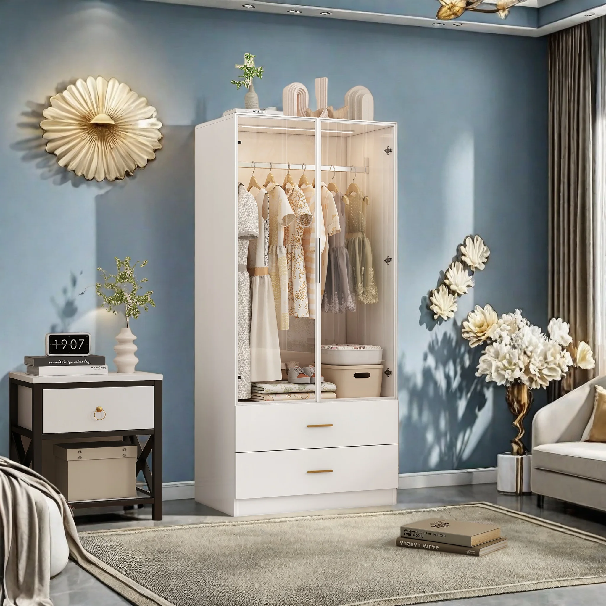 Armoire Anajqaqia - avec éclairage LED et tringle de suspension, 2 tiroirs de rangement, 80×50×175 cm