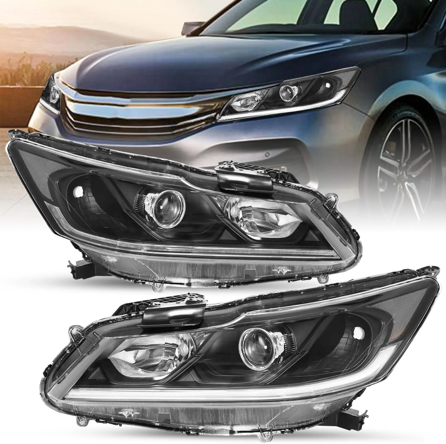 

Светодиодная фара проектора DRL в сборе для Honda Accord Sedan 2016, 2017, заводская галогенная фара, черный корпус с прозрачным отражателем