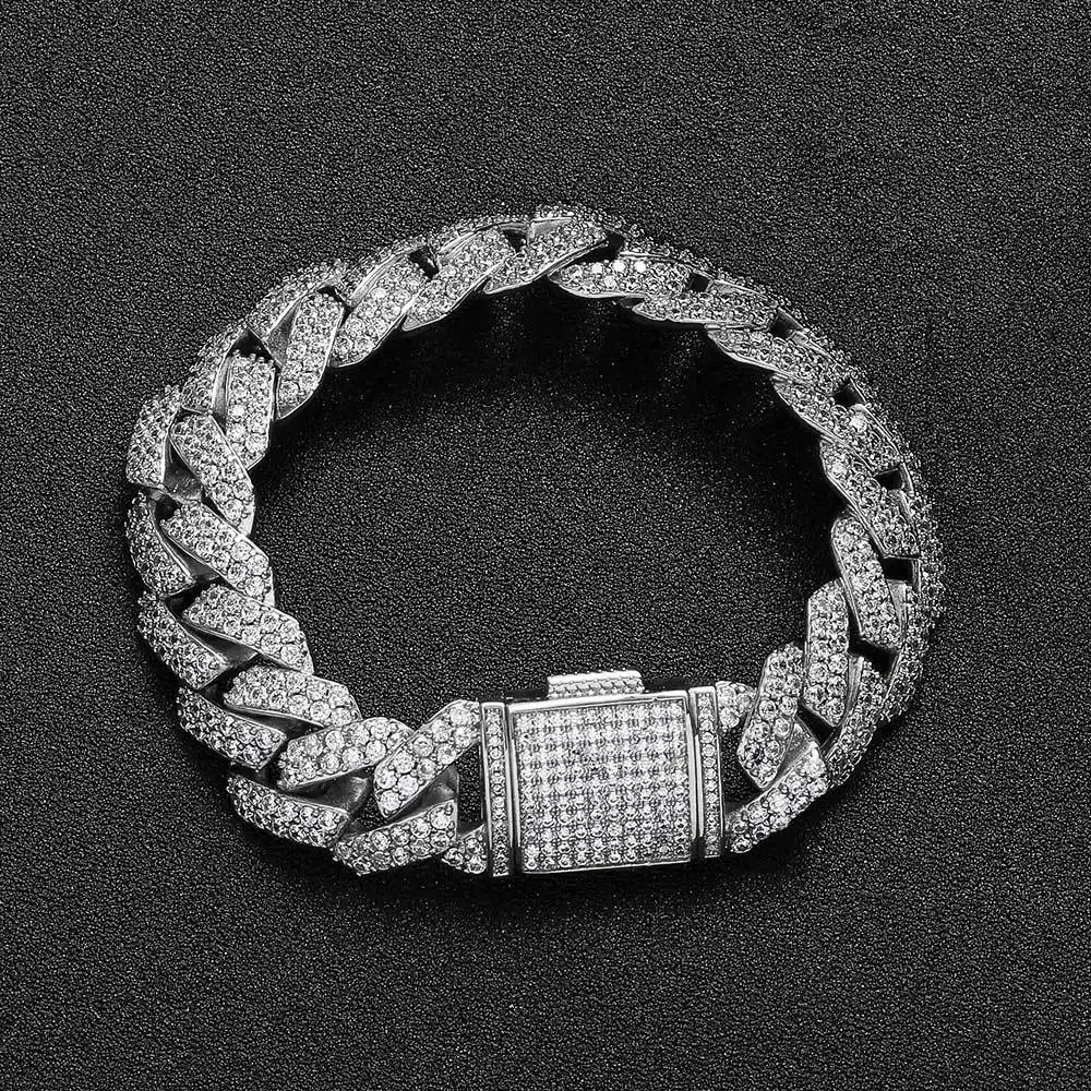 

Men's Cuban Bracelet Gold 15Mm Flap Buckle Double Row Zircon Rhombus Cuban Trendy Brand Personality Hip Hop Men