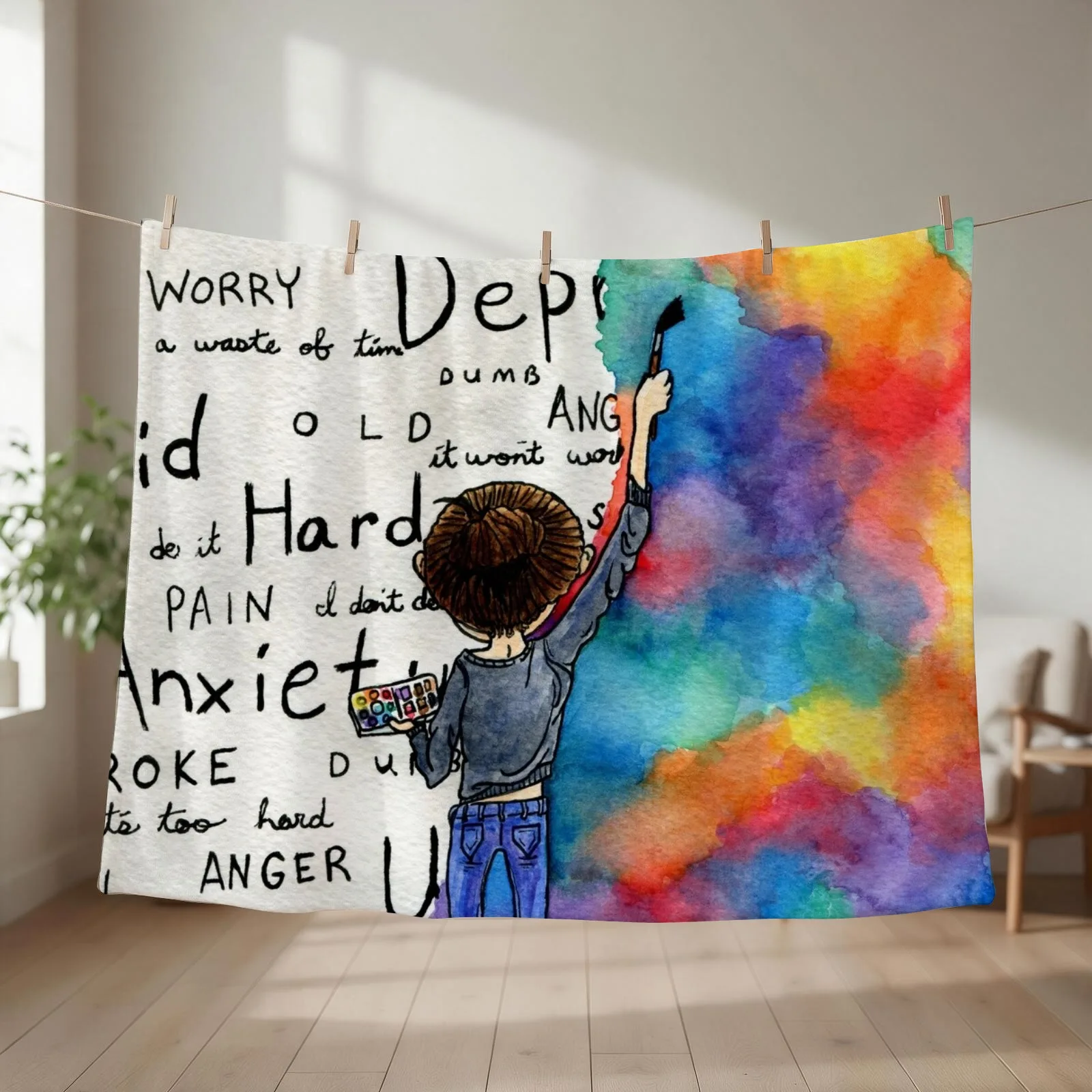 Always Keep Fighting Watercolor Painting (2015) REVAMP Throw Blanket couch cozy soft plush fuzzy picnic outdoor blanket